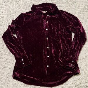 Faherty Velvet and Silk Button-Up Blouse in Wine Small